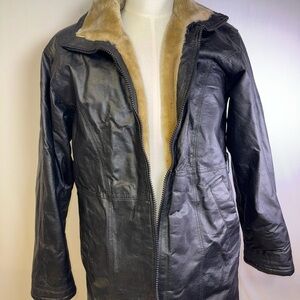 Vintage Wilda Black Leather Coat with Tan Faux Fur trench coat style